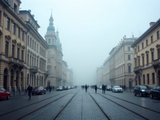 Vista di Milano avvolta nella nebbia autunnale