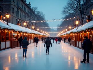 Pattinatori su pista di ghiaccio a Milano durante il Natale