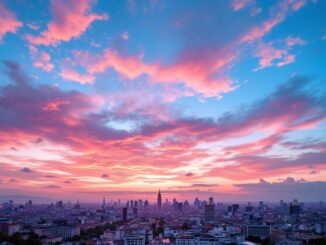 Vista dell'alba rosa sopra Milano con nuvole colorate