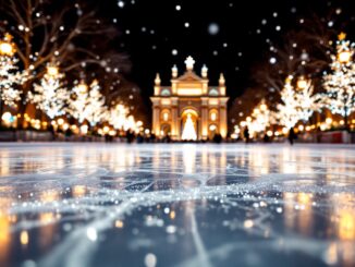 Villaggio natalizio all'Arco della Pace con luci e decorazioni