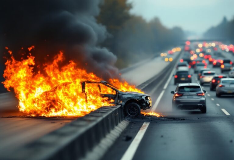 Incendio A4: auto distrutta e traffico bloccato