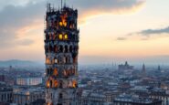 Immagine dell'incendio alla Torre dei Moro con fumi e fiamme