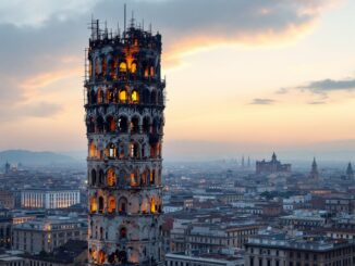 Immagine dell'incendio alla Torre dei Moro con fumi e fiamme