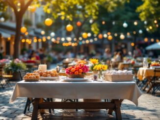 Famiglie felici partecipano a un evento in piazza