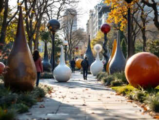 Scultura nel parco di Milano circondata da natura