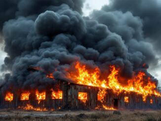 Immagine dell'incendio a Buccinasco con fumi e vigili del fuoco