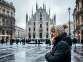 Paesaggio invernale a Milano con neve e freddo