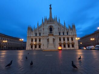 Uomo si arrampica sulla statua di Vittorio Emanuele in piazza Duomo alle prime ore