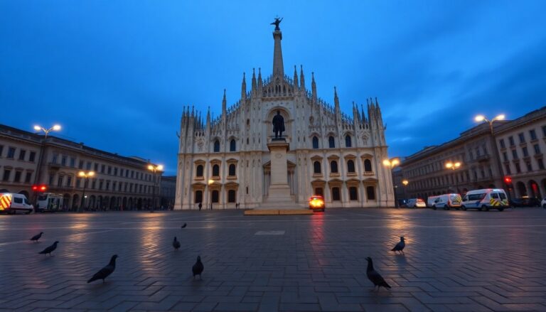 Uomo si arrampica sulla statua di Vittorio Emanuele in piazza Duomo alle prime ore